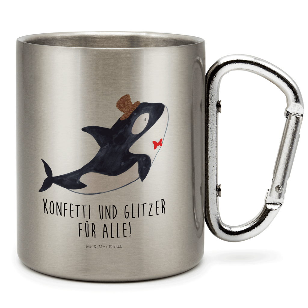 Edelstahlbecher Orca Zylinder Edelstahltasse, Karabiner, Edelstahlbecher, Outdoor, Camping, Tasse, Becher, Meerestiere, Meer, Urlaub, Narwal, Glitter, Konfetti, Glitzer, Geburtstag, Feier, Fete, Fest, Glückwunsch, Orca
