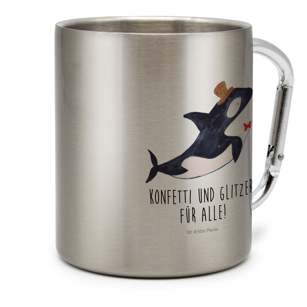 Edelstahlbecher Orca Zylinder Edelstahltasse, Karabiner, Edelstahlbecher, Outdoor, Camping, Tasse, Becher, Meerestiere, Meer, Urlaub, Narwal, Glitter, Konfetti, Glitzer, Geburtstag, Feier, Fete, Fest, Glückwunsch, Orca