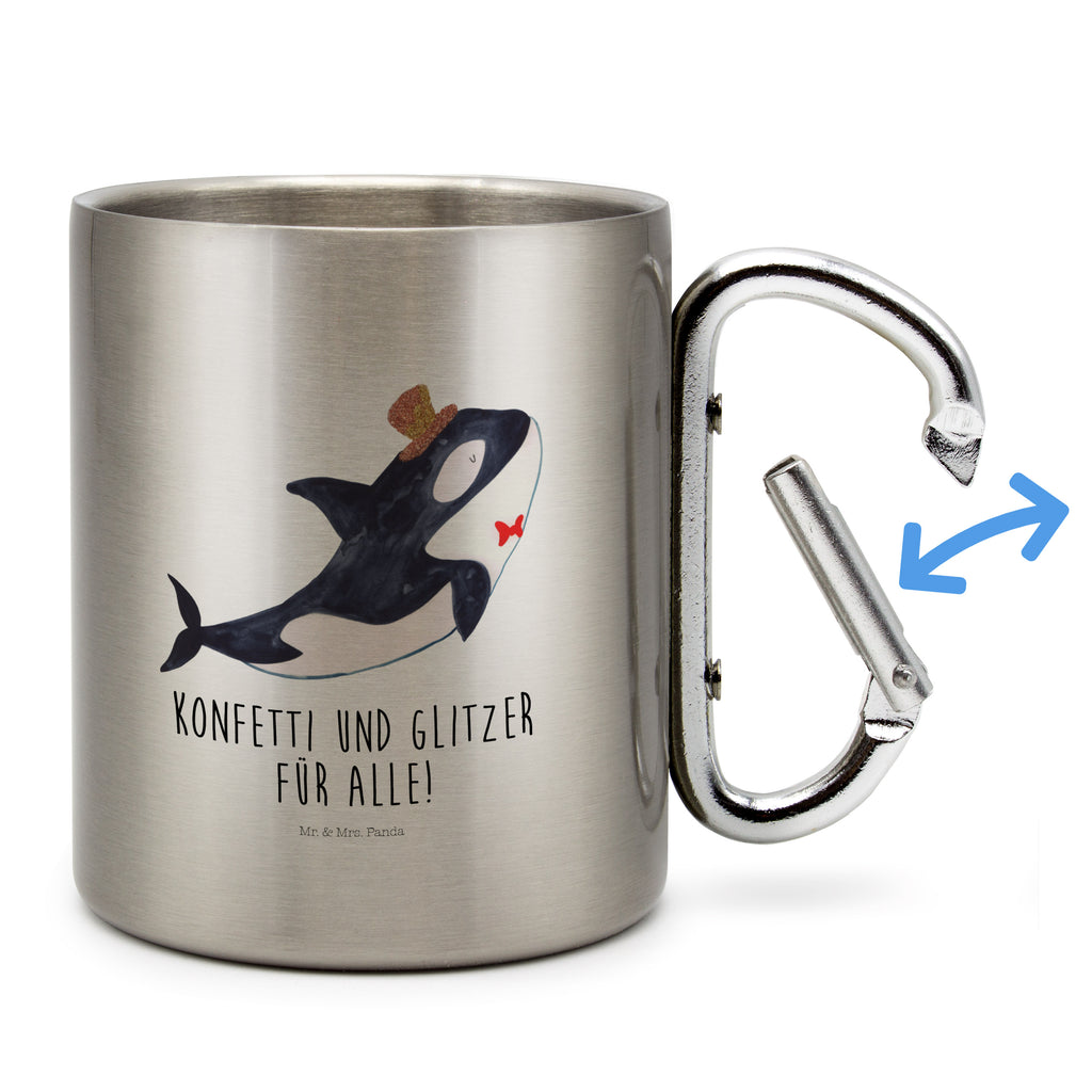 Edelstahlbecher Orca Zylinder Edelstahltasse, Karabiner, Edelstahlbecher, Outdoor, Camping, Tasse, Becher, Meerestiere, Meer, Urlaub, Narwal, Glitter, Konfetti, Glitzer, Geburtstag, Feier, Fete, Fest, Glückwunsch, Orca