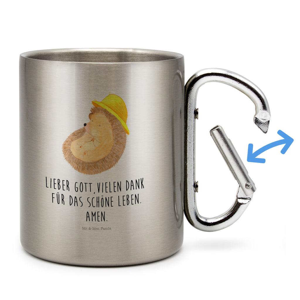 Edelstahlbecher Igel betet Edelstahltasse, Karabiner, Edelstahlbecher, Outdoor, Camping, Tasse, Becher, Tiermotive, Gute Laune, lustige Sprüche, Tiere, Igel, Igel mit Hut, Sonnenhut, Gott, Amen, beten, Leben, Dankbarkeit, Dankbar sein, dankbar, genießen