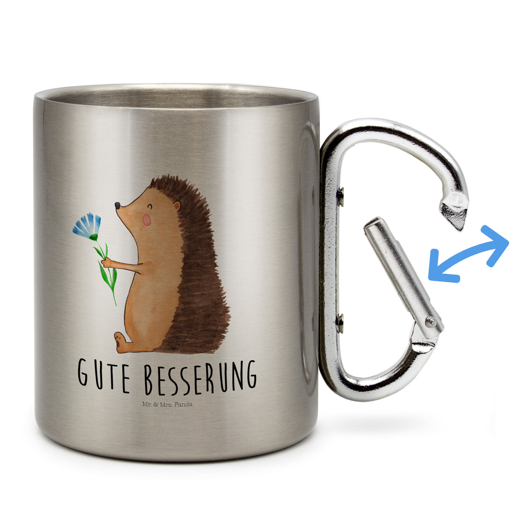 Edelstahlbecher Igel mit Blume Edelstahltasse, Karabiner, Edelstahlbecher, Outdoor, Camping, Tasse, Becher, Tiermotive, Gute Laune, lustige Sprüche, Tiere, Igel, Gute Besserung, Genesungswünsche, Krankheit, Krankenhaus, krank, Besuch