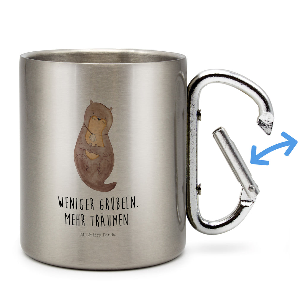 Edelstahlbecher Otter mit Muschelmedaillon Edelstahltasse, Karabiner, Edelstahlbecher, Outdoor, Camping, Tasse, Becher, Otter, Fischotter, Seeotter, Otterliebe, grübeln, träumen, Motivation, Tagträumen, Büro