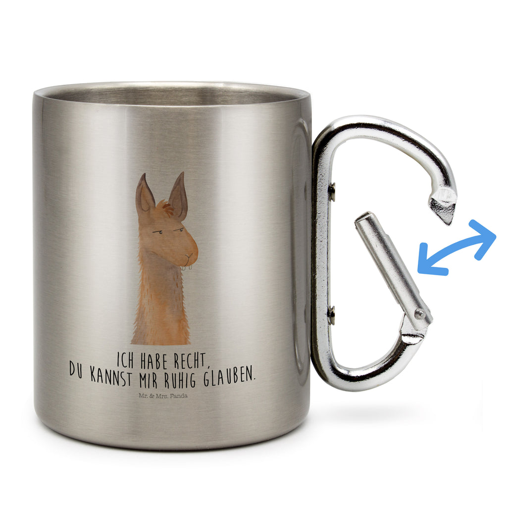 Edelstahlbecher Lamakopf genervt Edelstahltasse, Karabiner, Edelstahlbecher, Outdoor, Camping, Tasse, Becher, Lama, Alpaka, Lamas, Recht haben, genervt sein, Freundin, beste Freundin, Partnerin, Büro, Büroalltag, Chef, Chefin, Azubi