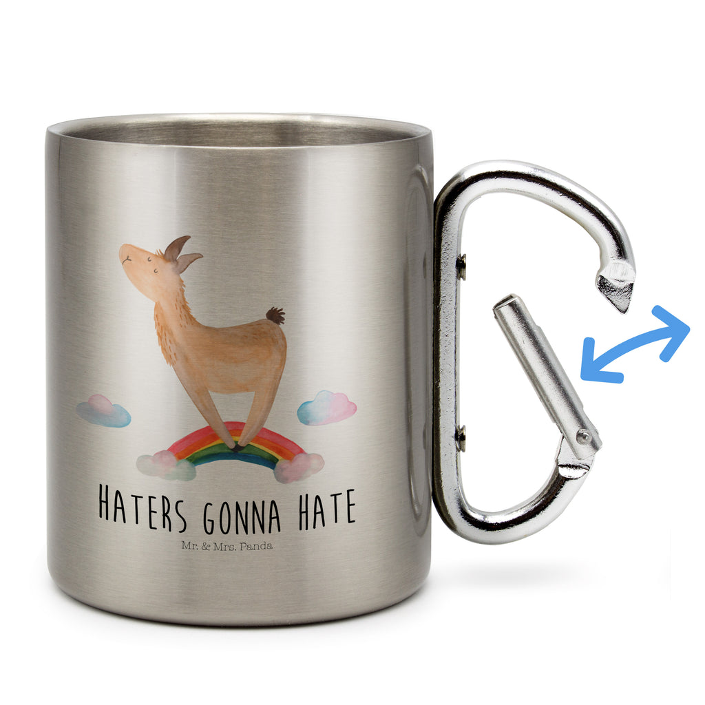 Edelstahlbecher Lama Regenbogen Edelstahltasse, Karabiner, Edelstahlbecher, Outdoor, Camping, Tasse, Becher, Lama, Alpaka, Lamas, Regenbogen, Haters gonna hate, Haters, Selbstständig, Außenseiter, Schule, Abi, Hobby, Wolkenland, Freiheit