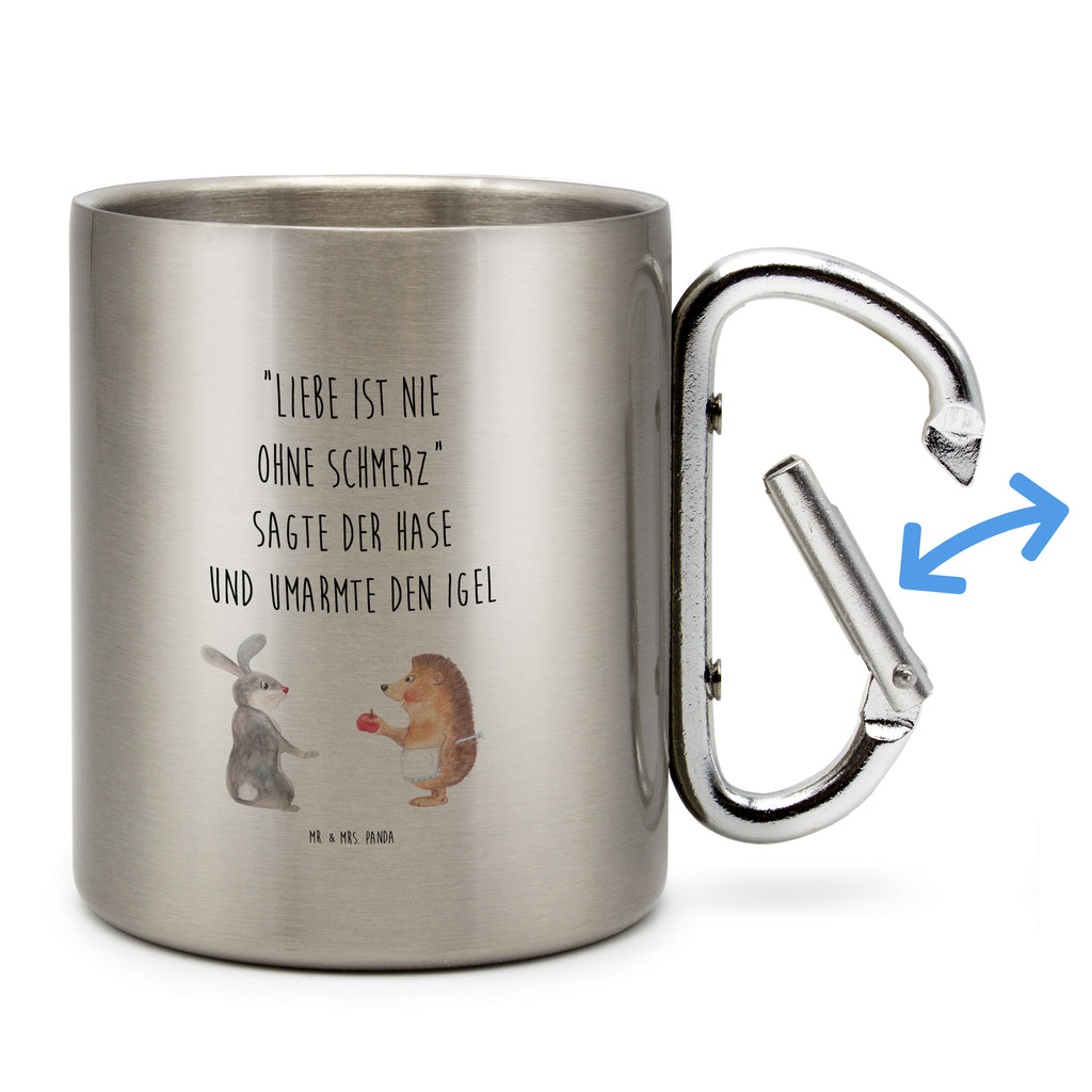 Edelstahlbecher Liebe ist nie ohne Schmerz Edelstahltasse, Karabiner, Edelstahlbecher, Outdoor, Camping, Tasse, Becher, Tiermotive, Gute Laune, lustige Sprüche, Tiere, Igel und Hase, Igel, Hase, Liebe Spruch, Liebeskummer Geschenk, Herzschmerz, Trösten, Trennungsschmerz, Spruch romantisch