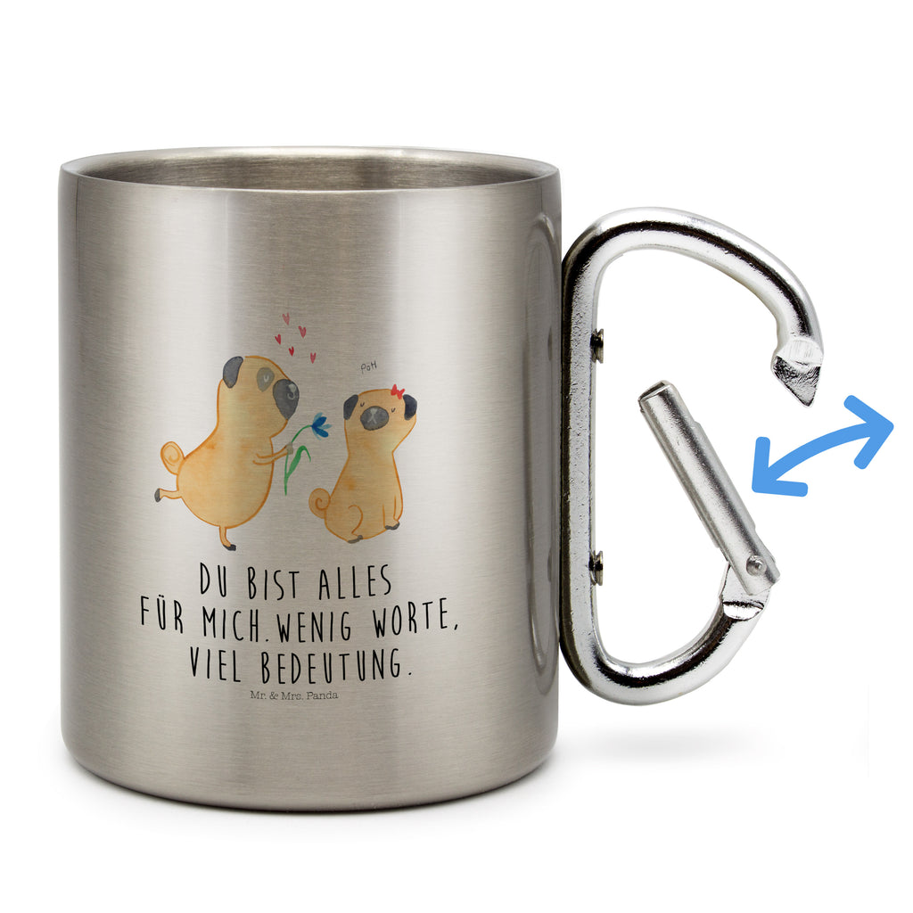 Edelstahlbecher Mops verliebt Edelstahltasse, Karabiner, Edelstahlbecher, Outdoor, Camping, Tasse, Becher, Hund, Hundemotiv, Haustier, Hunderasse, Tierliebhaber, Hundebesitzer, Sprüche, Mops, Möpse, Hundeliebe, verliebt, Liebe, Liebesspruch. Verlobt, Geschenk Freund, Partner