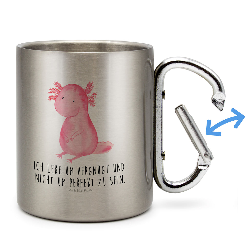 Edelstahlbecher Axolotl Edelstahltasse, Karabiner, Edelstahlbecher, Outdoor, Camping, Tasse, Becher, Axolotl, Molch, Axolot, vergnügt, fröhlich, zufrieden, Lebensstil, Weisheit, Lebensweisheit, Liebe, Freundin