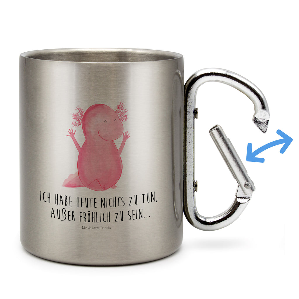 Edelstahlbecher Axolotl Hurra Edelstahltasse, Karabiner, Edelstahlbecher, Outdoor, Camping, Tasse, Becher, Axolotl, Molch, Axolot, Schwanzlurch, Lurch, Lurche, fröhlich, Spaß, Freude, Motivation, Zufriedenheit