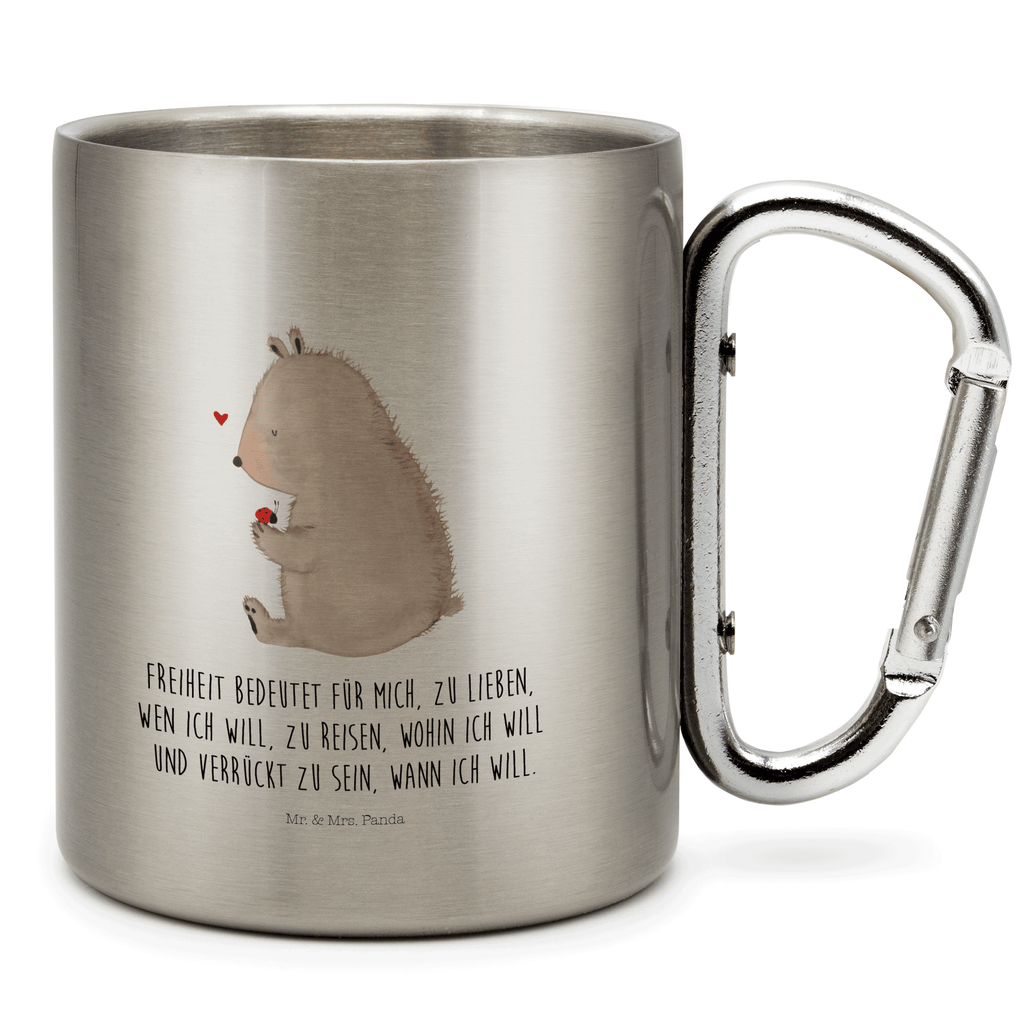 Edelstahlbecher Bär mit Marienkäfer Edelstahltasse, Karabiner, Edelstahlbecher, Outdoor, Camping, Tasse, Becher, Bär, Teddy, Teddybär, Marienkäfer, Liebe, Freiheit, Motivation, Das Leben ist schön