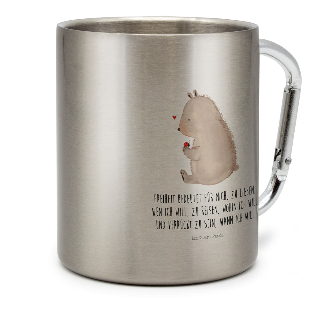 Edelstahlbecher Bär mit Marienkäfer Edelstahltasse, Karabiner, Edelstahlbecher, Outdoor, Camping, Tasse, Becher, Bär, Teddy, Teddybär, Marienkäfer, Liebe, Freiheit, Motivation, Das Leben ist schön