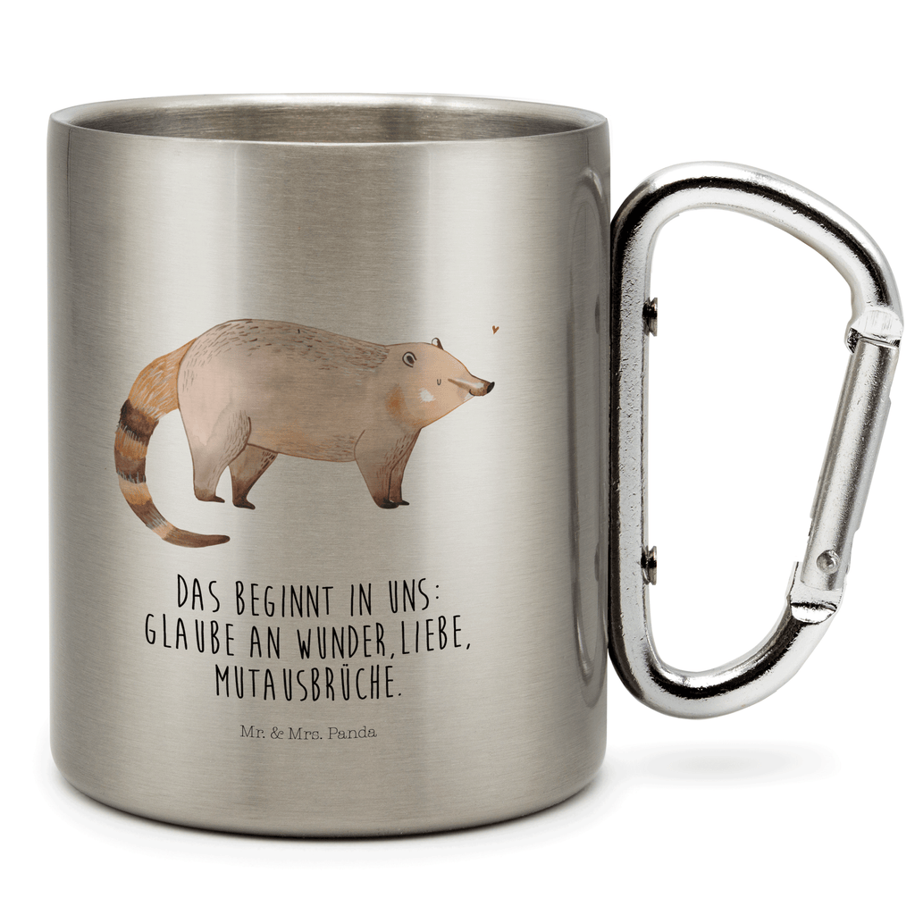 Edelstahlbecher Nasenbär Edelstahltasse, Karabiner, Edelstahlbecher, Outdoor, Camping, Tasse, Becher, Tiermotive, Gute Laune, lustige Sprüche, Tiere, Nasenbär, Nasenbären, Rüsselbär, Bär
