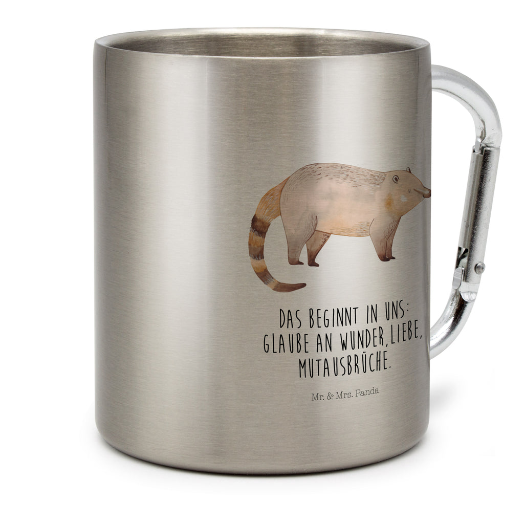 Edelstahlbecher Nasenbär Edelstahltasse, Karabiner, Edelstahlbecher, Outdoor, Camping, Tasse, Becher, Tiermotive, Gute Laune, lustige Sprüche, Tiere, Nasenbär, Nasenbären, Rüsselbär, Bär