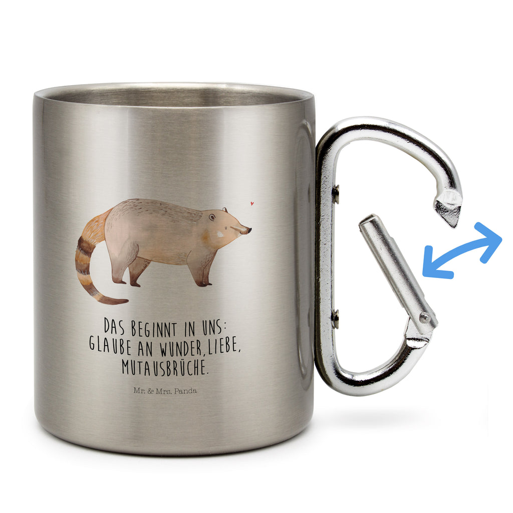 Edelstahlbecher Nasenbär Edelstahltasse, Karabiner, Edelstahlbecher, Outdoor, Camping, Tasse, Becher, Tiermotive, Gute Laune, lustige Sprüche, Tiere, Nasenbär, Nasenbären, Rüsselbär, Bär