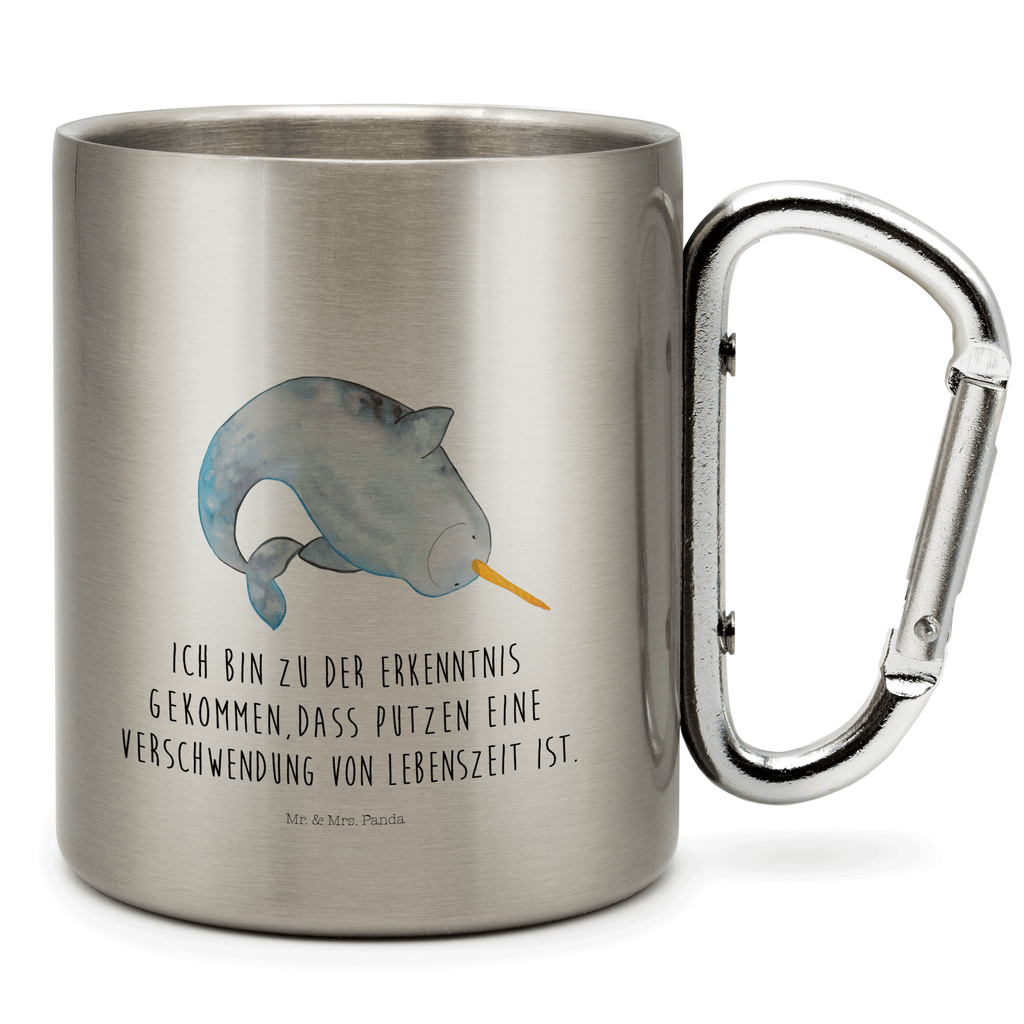 Edelstahlbecher Narwal Edelstahltasse, Karabiner, Edelstahlbecher, Outdoor, Camping, Tasse, Becher, Meerestiere, Meer, Urlaub, Narwal, Wal, Putzen, Hausfrau, Junggesellin, aufräumen, Kinderzimmer