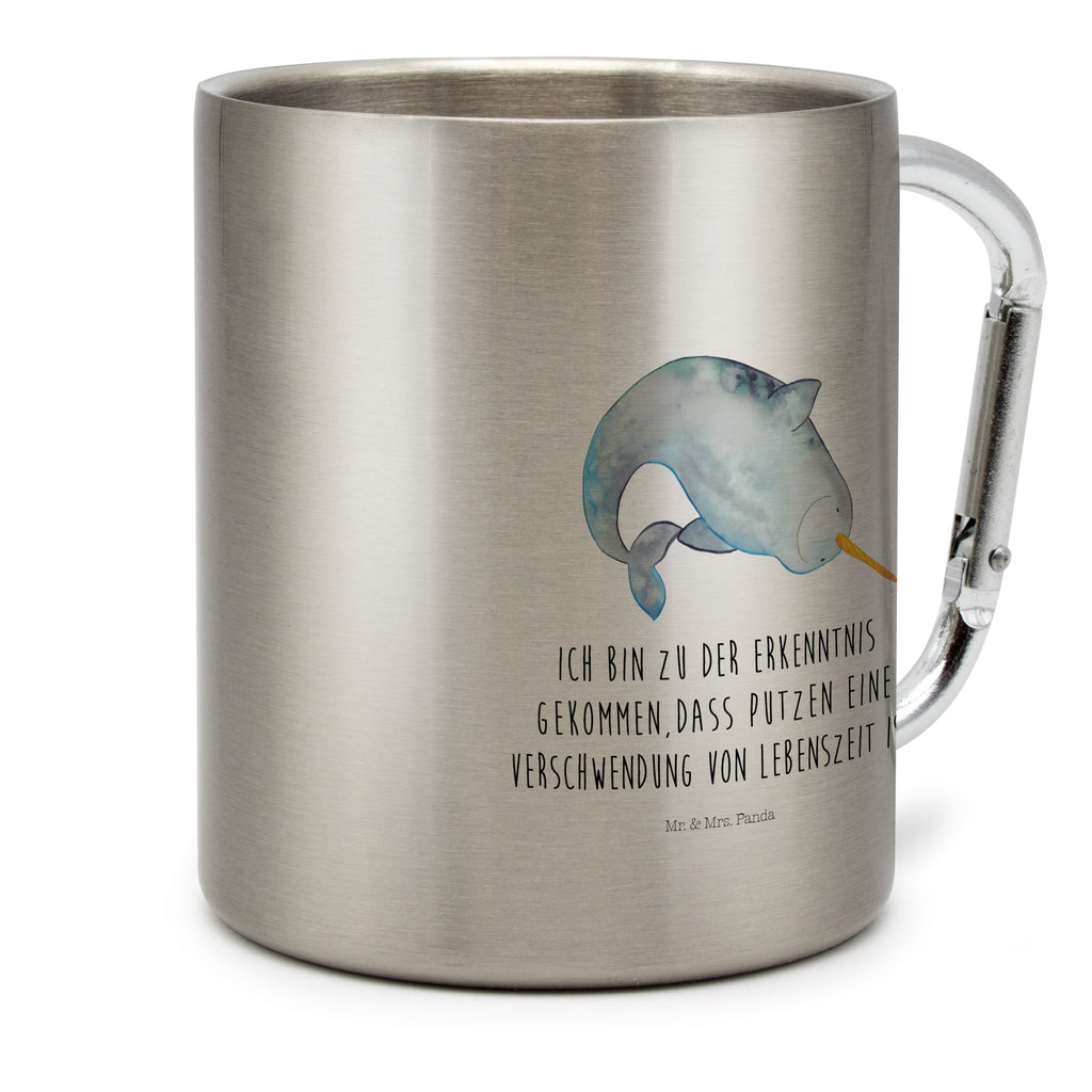 Edelstahlbecher Narwal Edelstahltasse, Karabiner, Edelstahlbecher, Outdoor, Camping, Tasse, Becher, Meerestiere, Meer, Urlaub, Narwal, Wal, Putzen, Hausfrau, Junggesellin, aufräumen, Kinderzimmer