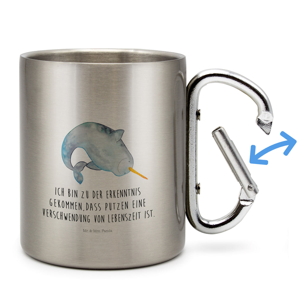 Edelstahlbecher Narwal Edelstahltasse, Karabiner, Edelstahlbecher, Outdoor, Camping, Tasse, Becher, Meerestiere, Meer, Urlaub, Narwal, Wal, Putzen, Hausfrau, Junggesellin, aufräumen, Kinderzimmer