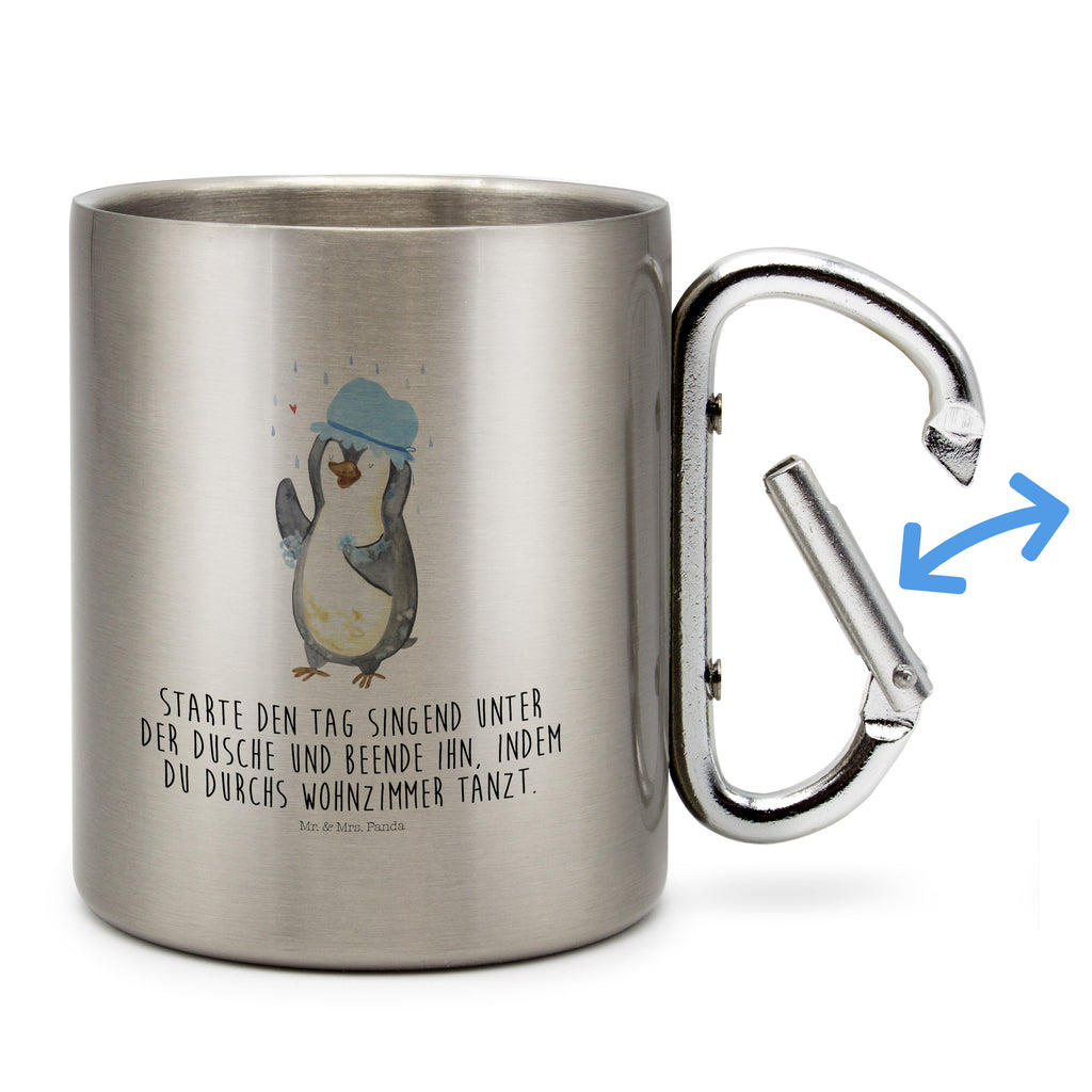 Edelstahlbecher Pinguin duscht Edelstahltasse, Karabiner, Edelstahlbecher, Outdoor, Camping, Tasse, Becher, Pinguin, Pinguine, Dusche, duschen, Lebensmotto, Motivation, Neustart, Neuanfang, glücklich sein