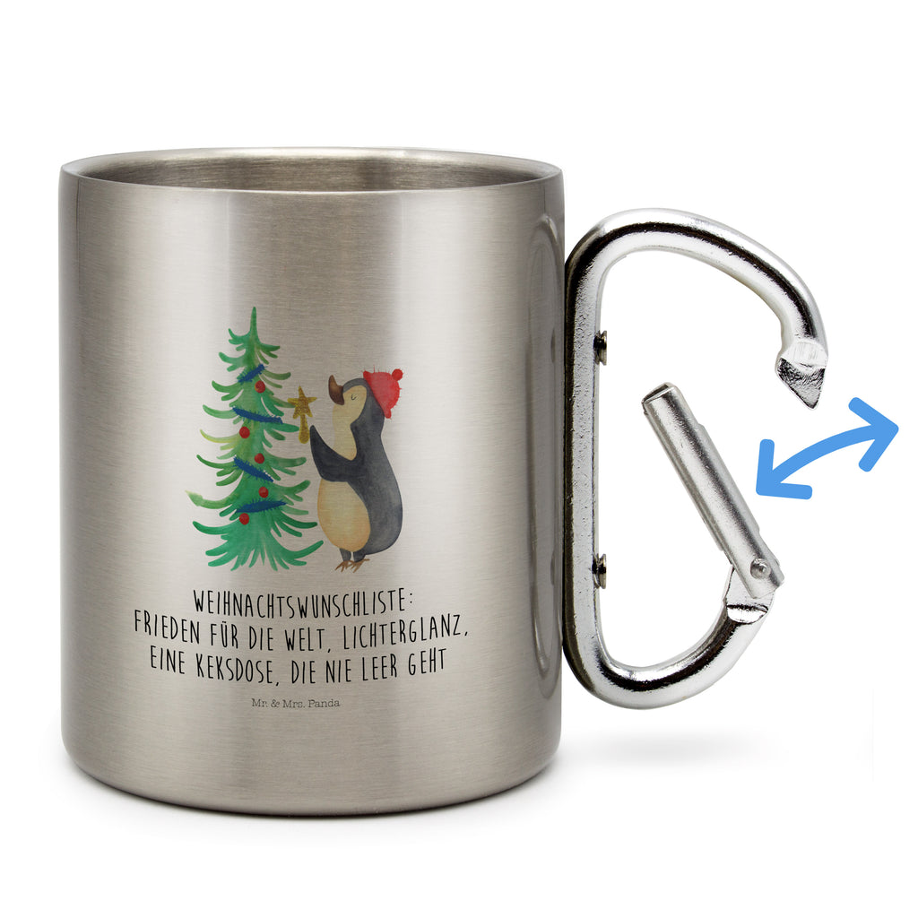 Edelstahlbecher Pinguin Weihnachtsbaum Edelstahltasse, Karabiner, Edelstahlbecher, Outdoor, Camping, Tasse, Becher, Winter, Weihnachten, Weihnachtsdeko, Nikolaus, Advent, Heiligabend, Wintermotiv, Pinguin