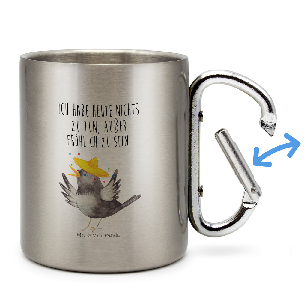 Edelstahlbecher Rabe mit Sombrero Edelstahltasse, Karabiner, Edelstahlbecher, Outdoor, Camping, Tasse, Becher, Tiermotive, Gute Laune, lustige Sprüche, Tiere, Rabe, Vogel, Vögel, Spruch positiv, fröhlich sein, glücklich sein, Glück Spruch, froh, Elster, Motivation