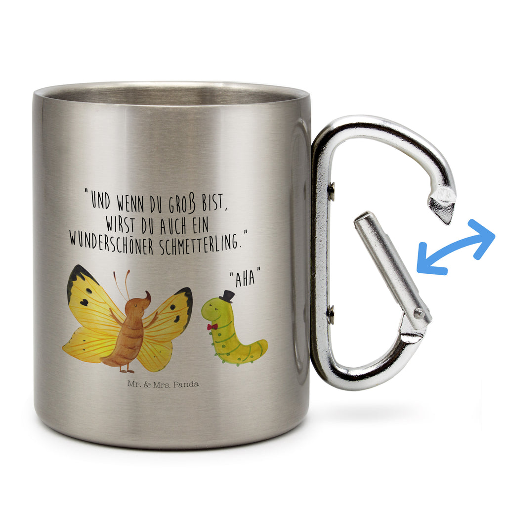 Edelstahlbecher Raupe & Schmetterling Edelstahltasse, Karabiner, Edelstahlbecher, Outdoor, Camping, Tasse, Becher, Tiermotive, Gute Laune, lustige Sprüche, Tiere, Raupe, Schmetterling, Zitronenfalter, Entwicklung, Erwachsen werden, Kokon, Hut, Hütchen, Schönheit, Aufwachsen