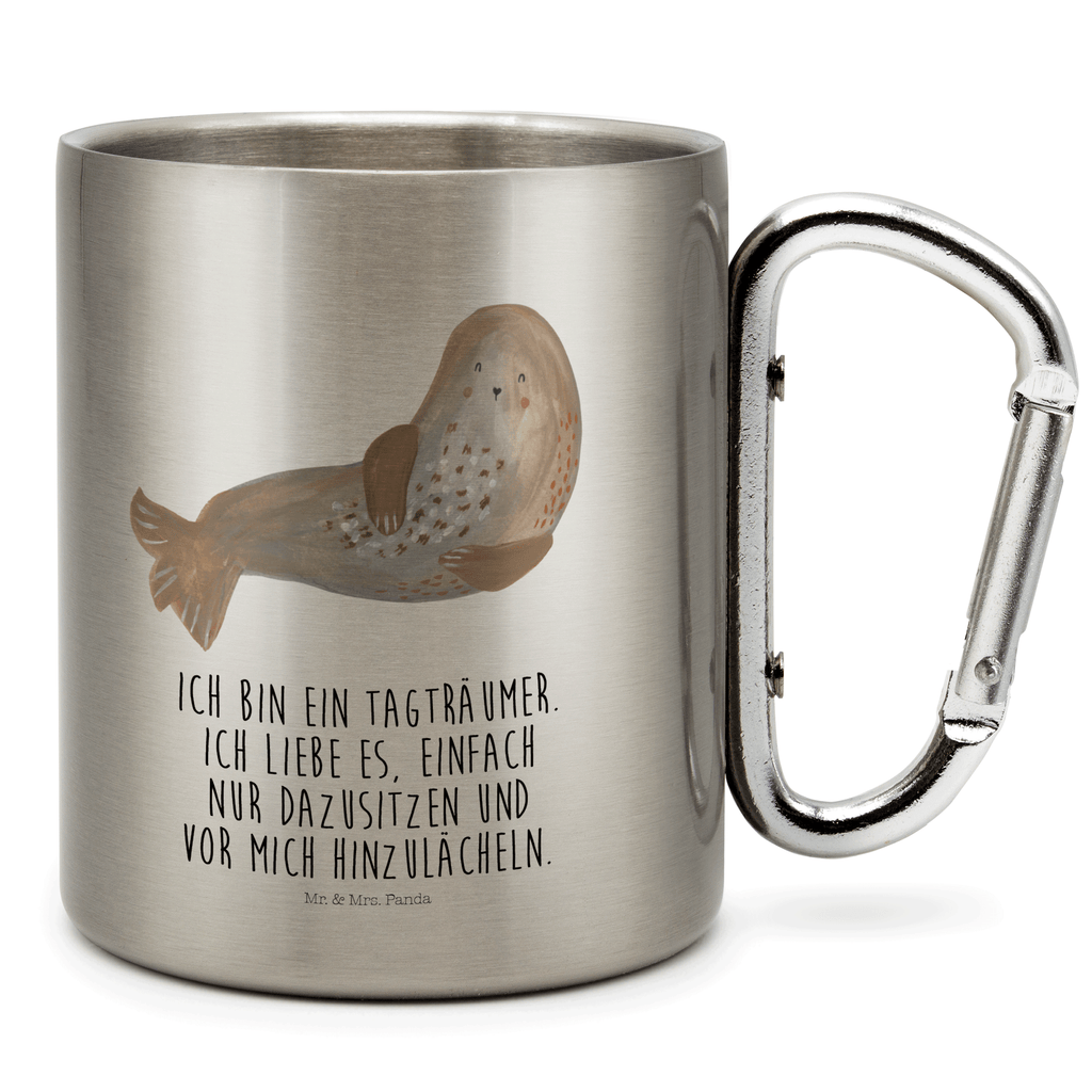 Edelstahlbecher Robbe lachend Edelstahltasse, Karabiner, Edelstahlbecher, Outdoor, Camping, Tasse, Becher, Tiermotive, Gute Laune, lustige Sprüche, Tiere, Robbe, Robben, Seehund, Strand, Meerestier, Ostsee, Nordsee