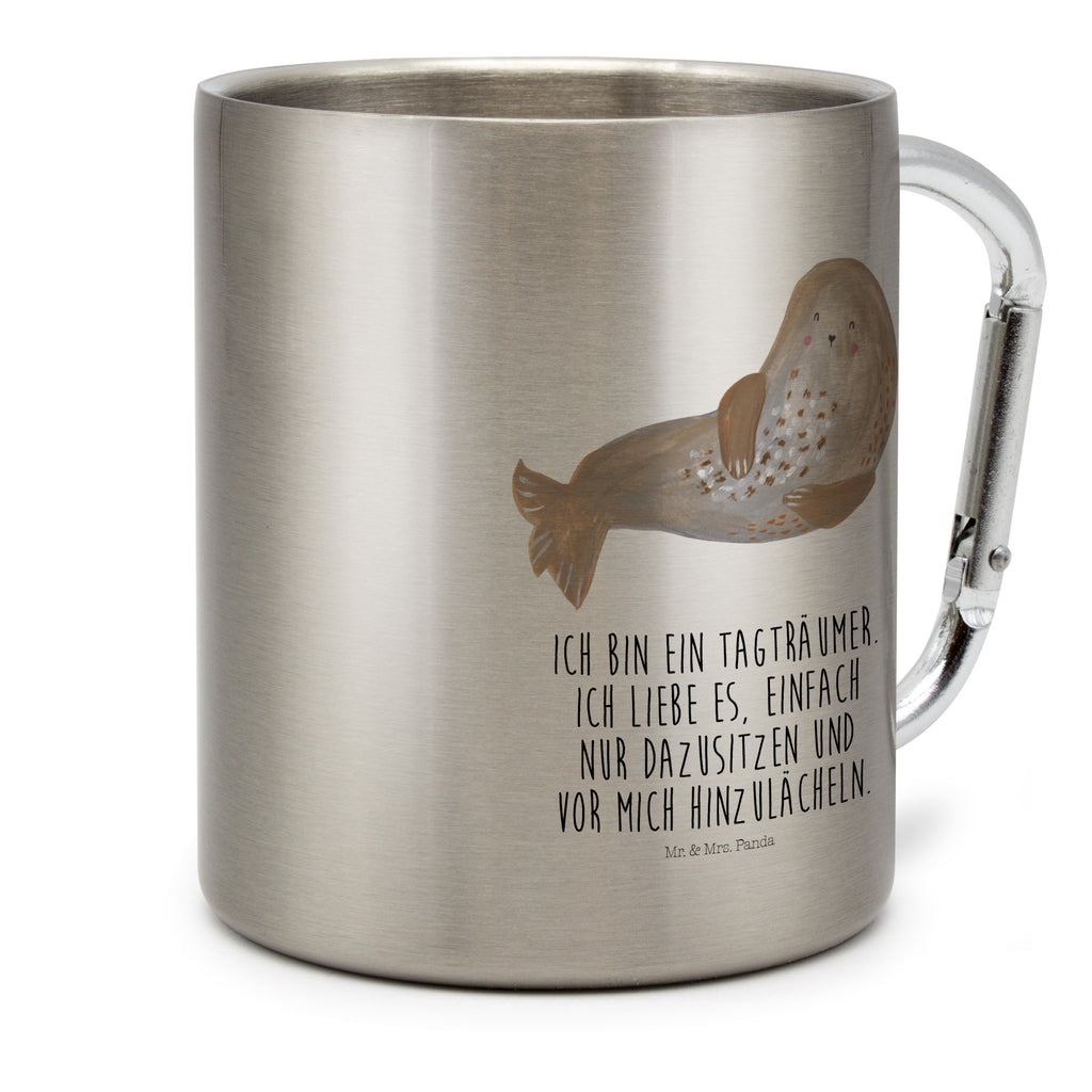 Edelstahlbecher Robbe lachend Edelstahltasse, Karabiner, Edelstahlbecher, Outdoor, Camping, Tasse, Becher, Tiermotive, Gute Laune, lustige Sprüche, Tiere, Robbe, Robben, Seehund, Strand, Meerestier, Ostsee, Nordsee