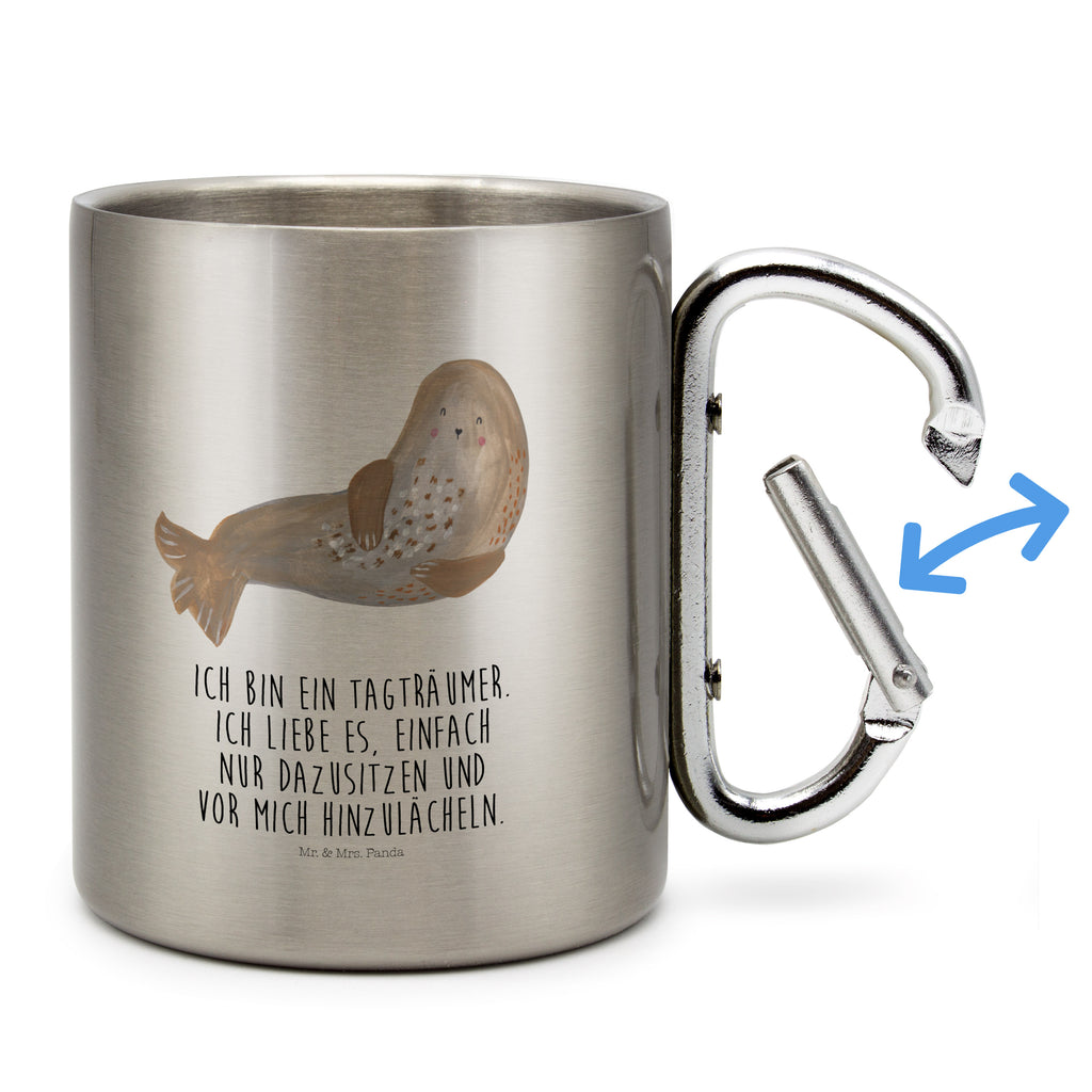 Edelstahlbecher Robbe lachend Edelstahltasse, Karabiner, Edelstahlbecher, Outdoor, Camping, Tasse, Becher, Tiermotive, Gute Laune, lustige Sprüche, Tiere, Robbe, Robben, Seehund, Strand, Meerestier, Ostsee, Nordsee