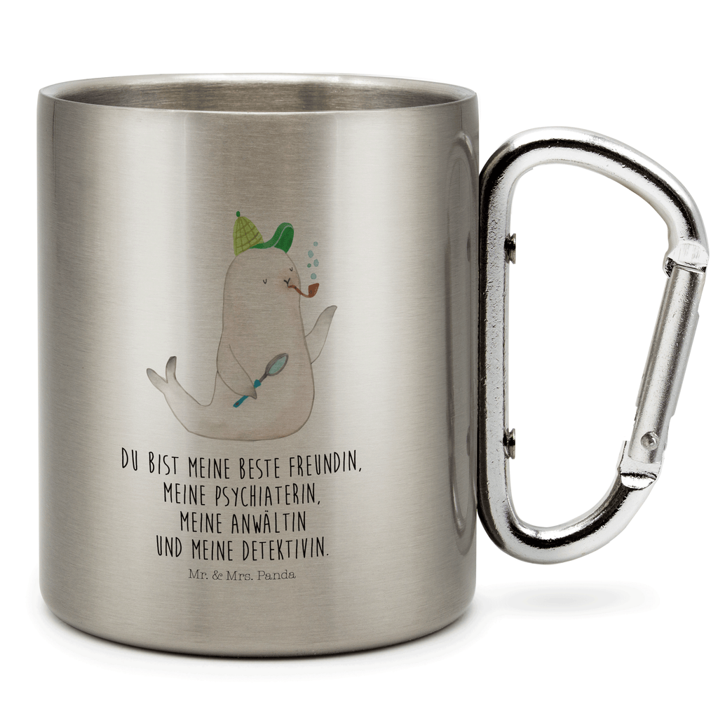 Edelstahlbecher Robbe Sherlock Edelstahltasse, Karabiner, Edelstahlbecher, Outdoor, Camping, Tasse, Becher, Tiermotive, Gute Laune, lustige Sprüche, Tiere