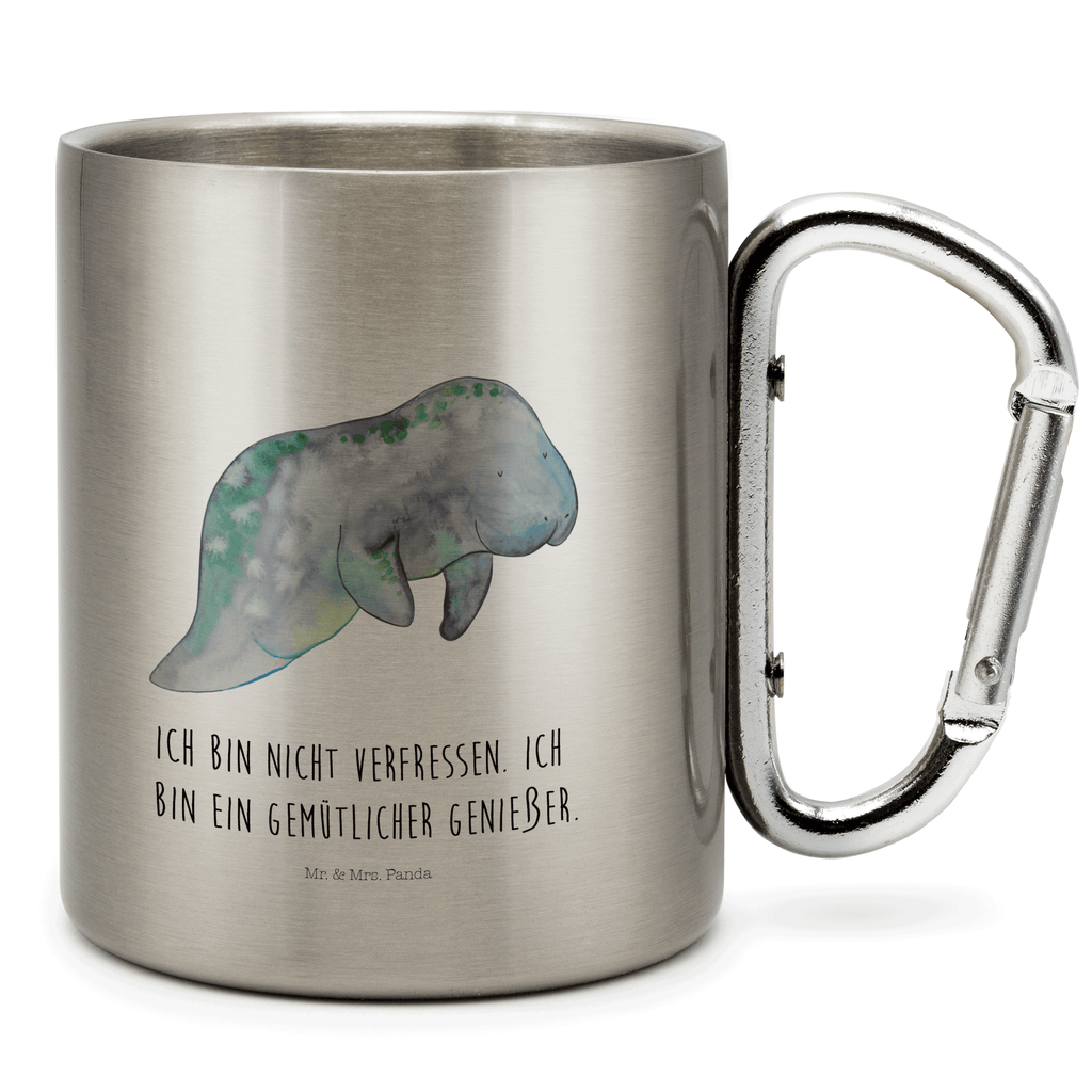 Edelstahlbecher Seekuh chillt Edelstahltasse, Karabiner, Edelstahlbecher, Outdoor, Camping, Tasse, Becher, Meerestiere, Meer, Urlaub, Seekuh, Seekühe, Diät, Abnehmen, Zucker, Diätwahn, Essen, Süßigkeiten