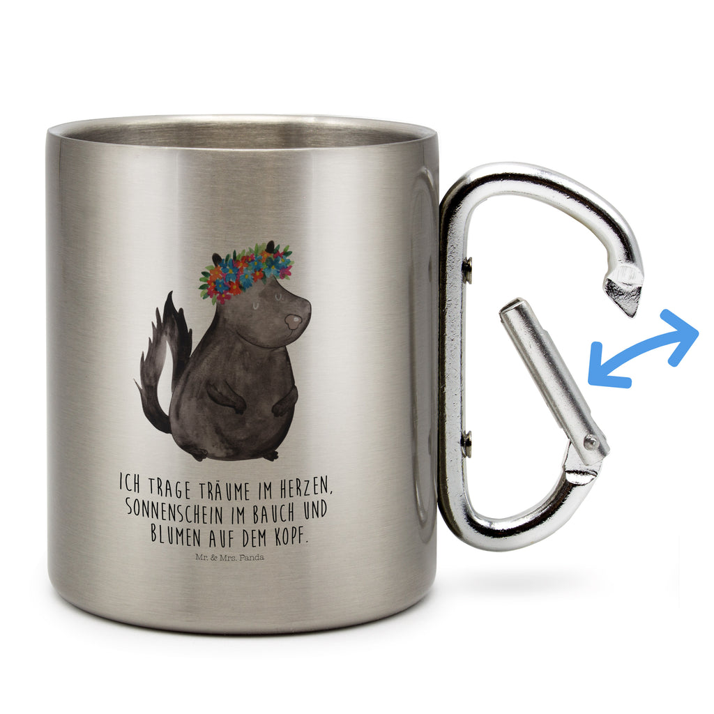 Edelstahlbecher Stinktier Blumenmaedchen Edelstahltasse, Karabiner, Edelstahlbecher, Outdoor, Camping, Tasse, Becher, Stinktier, Skunk, Wildtier, Raubtier, Stinker, Stinki, Yoga, Namaste, Lebe, Liebe, Lache