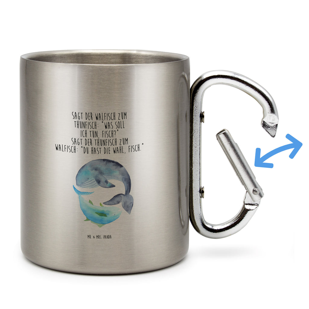 Edelstahlbecher Walfisch & Thunfisch Edelstahltasse, Karabiner, Edelstahlbecher, Outdoor, Camping, Tasse, Becher, Tiermotive, Gute Laune, lustige Sprüche, Tiere, Wal, Wahl, Tunfisch, Wortwitz lustig, Spruch lustig, Flachwitz, Witz, Spruch des Tages, Flachwitz Geschenk