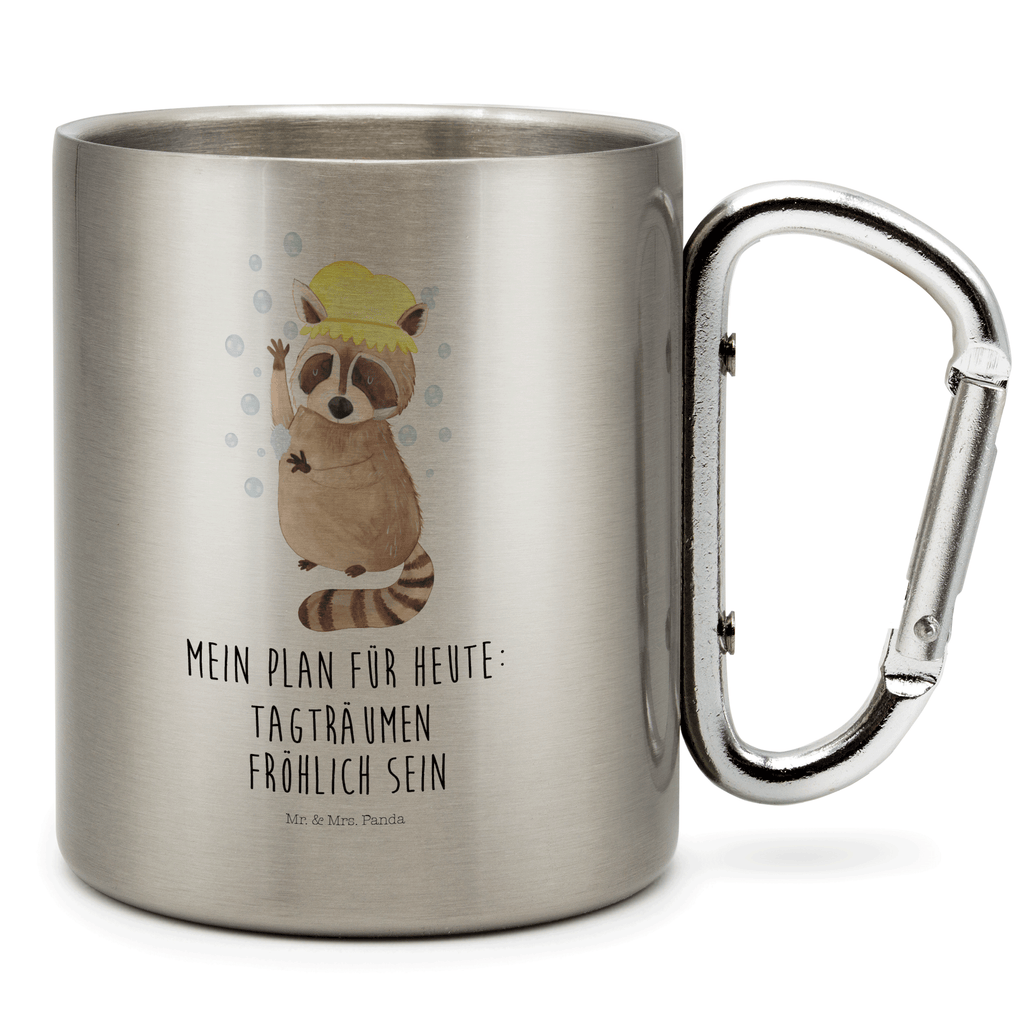 Edelstahlbecher Waschbär Edelstahltasse, Karabiner, Edelstahlbecher, Outdoor, Camping, Tasse, Becher, Tiermotive, Gute Laune, lustige Sprüche, Tiere, Waschbär, Tagträumen, Plan, Fröhlich, waschen, Seifenblasen