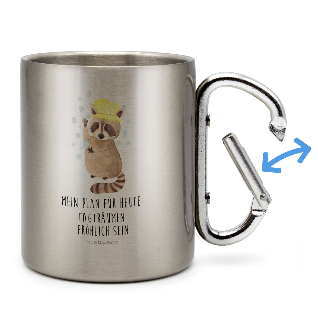 Edelstahlbecher Waschbär Edelstahltasse, Karabiner, Edelstahlbecher, Outdoor, Camping, Tasse, Becher, Tiermotive, Gute Laune, lustige Sprüche, Tiere, Waschbär, Tagträumen, Plan, Fröhlich, waschen, Seifenblasen