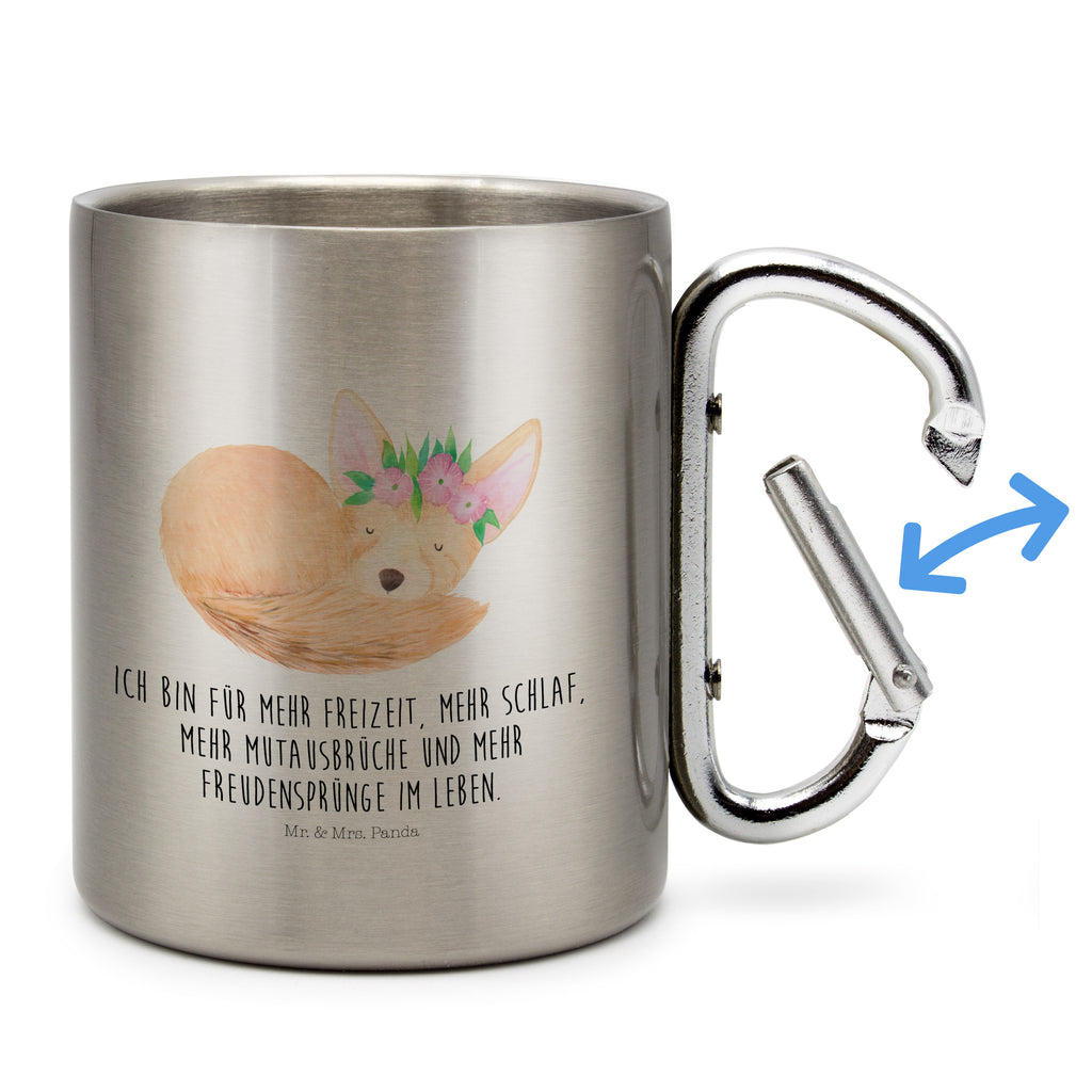 Edelstahlbecher Wüstenfuchs Blumenkranz Edelstahltasse, Karabiner, Edelstahlbecher, Outdoor, Camping, Tasse, Becher, Afrika, Wildtiere, Wüste, Wüstenfuchs, Blumen, Blumenkranz, Glücklich