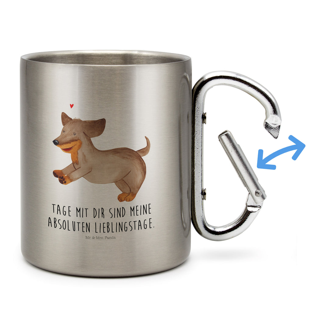 Edelstahlbecher Hund Dackel fröhlich Edelstahltasse, Karabiner, Edelstahlbecher, Outdoor, Camping, Tasse, Becher, Hund, Hundemotiv, Haustier, Hunderasse, Tierliebhaber, Hundebesitzer, Sprüche, Hunde, Dackel, Dachshund, happy dog
