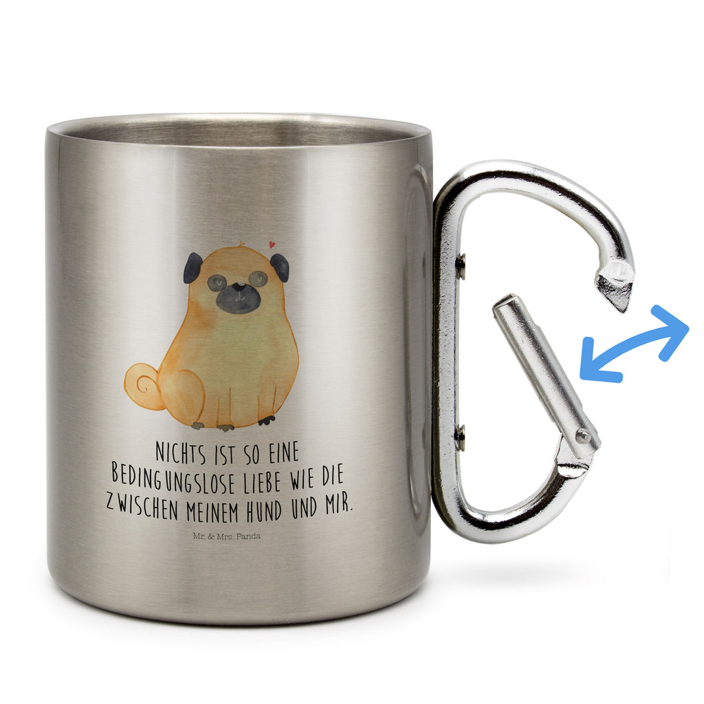 Edelstahlbecher Mops Edelstahltasse, Karabiner, Edelstahlbecher, Outdoor, Camping, Tasse, Becher, Hund, Hundemotiv, Haustier, Hunderasse, Tierliebhaber, Hundebesitzer, Sprüche, Mops, Liebe, Hundeliebe