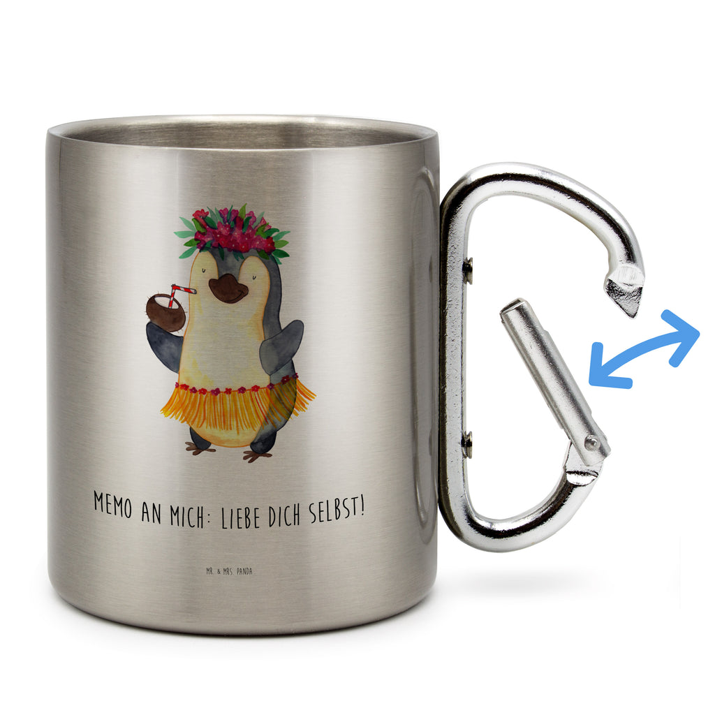 Edelstahlbecher Pinguin Kokosnuss Edelstahltasse, Karabiner, Edelstahlbecher, Outdoor, Camping, Tasse, Becher, Pinguin, Aloha, Hawaii, Urlaub, Kokosnuss, Pinguine