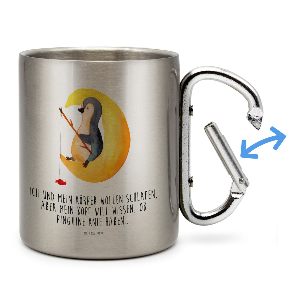 Edelstahlbecher Pinguin Mond Edelstahltasse, Karabiner, Edelstahlbecher, Outdoor, Camping, Tasse, Becher, Pinguin, Pinguine, Spruch, schlafen, Nachtruhe, Einschlafen, Schlafzimmer, Schlafstörungen, Gästezimmer