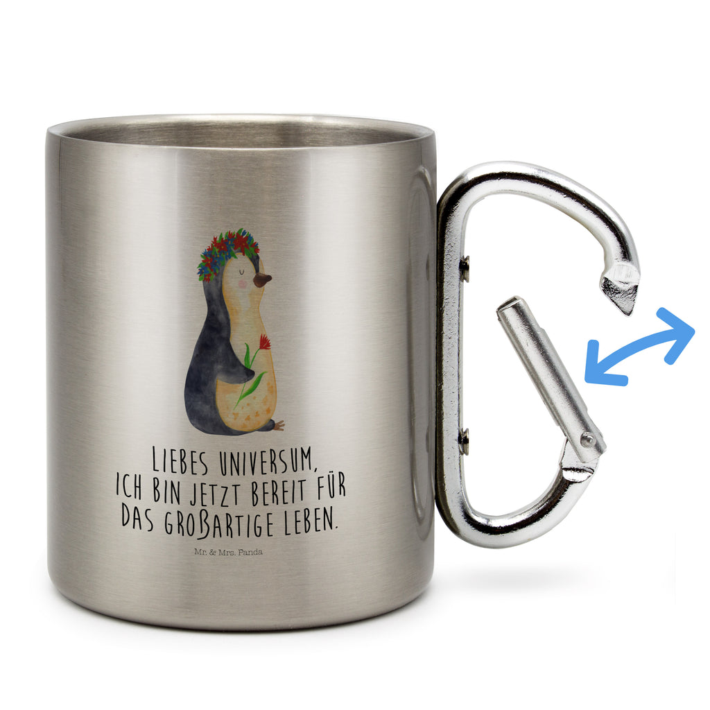 Edelstahlbecher Pinguin Blumenkranz Edelstahltasse, Karabiner, Edelstahlbecher, Outdoor, Camping, Tasse, Becher, Pinguin, Pinguine, Blumenkranz, Universum, Leben, Wünsche, Ziele, Lebensziele, Motivation, Lebenslust, Liebeskummer, Geschenkidee