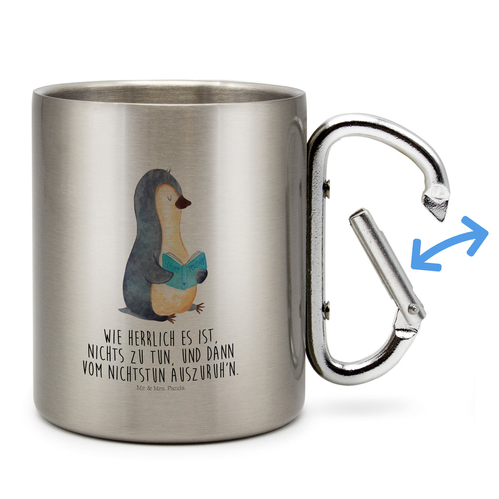 Edelstahlbecher Pinguin Buch Edelstahltasse, Karabiner, Edelstahlbecher, Outdoor, Camping, Tasse, Becher, Pinguin, Pinguine, Buch, Lesen, Bücherwurm, Nichtstun, Faulenzen, Ferien, Urlaub, Freizeit