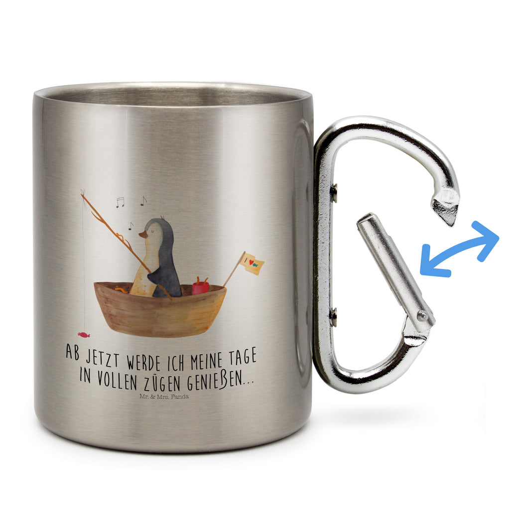 Edelstahlbecher Pinguin Angelboot Edelstahltasse, Karabiner, Edelstahlbecher, Outdoor, Camping, Tasse, Becher, Pinguin, Pinguine, Angeln, Boot, Angelboot, Lebenslust, Leben, genießen, Motivation, Neustart, Neuanfang, Trennung, Scheidung, Geschenkidee Liebeskummer