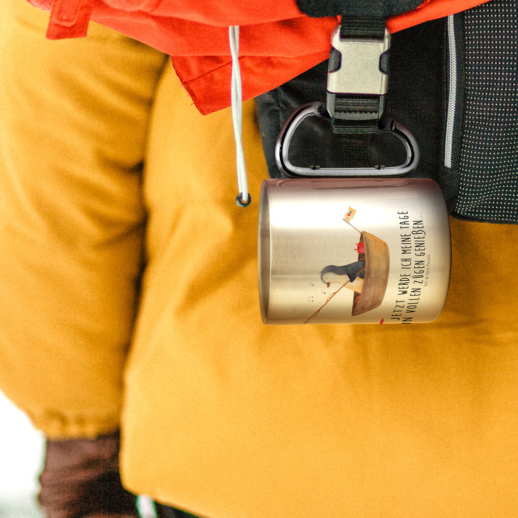 Edelstahlbecher Pinguin Angelboot Edelstahltasse, Karabiner, Edelstahlbecher, Outdoor, Camping, Tasse, Becher, Pinguin, Pinguine, Angeln, Boot, Angelboot, Lebenslust, Leben, genießen, Motivation, Neustart, Neuanfang, Trennung, Scheidung, Geschenkidee Liebeskummer