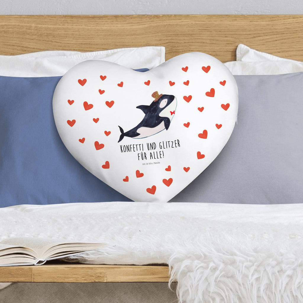 Herzkissen Orca Zylinder Kissen, Herzkissen, Herzform, Herz, Dekokissen, Meerestiere, Meer, Urlaub, Narwal, Glitter, Konfetti, Glitzer, Geburtstag, Feier, Fete, Fest, Glückwunsch, Orca