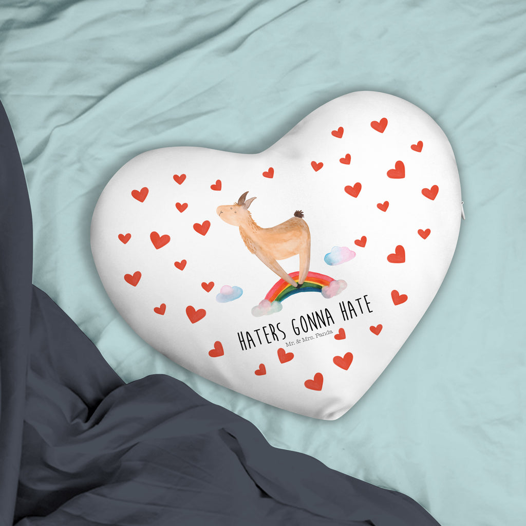 Herzkissen Lama Regenbogen Kissen, Herzkissen, Herzform, Herz, Dekokissen, Lama, Alpaka, Lamas, Regenbogen, Haters gonna hate, Haters, Selbstständig, Außenseiter, Schule, Abi, Hobby, Wolkenland, Freiheit