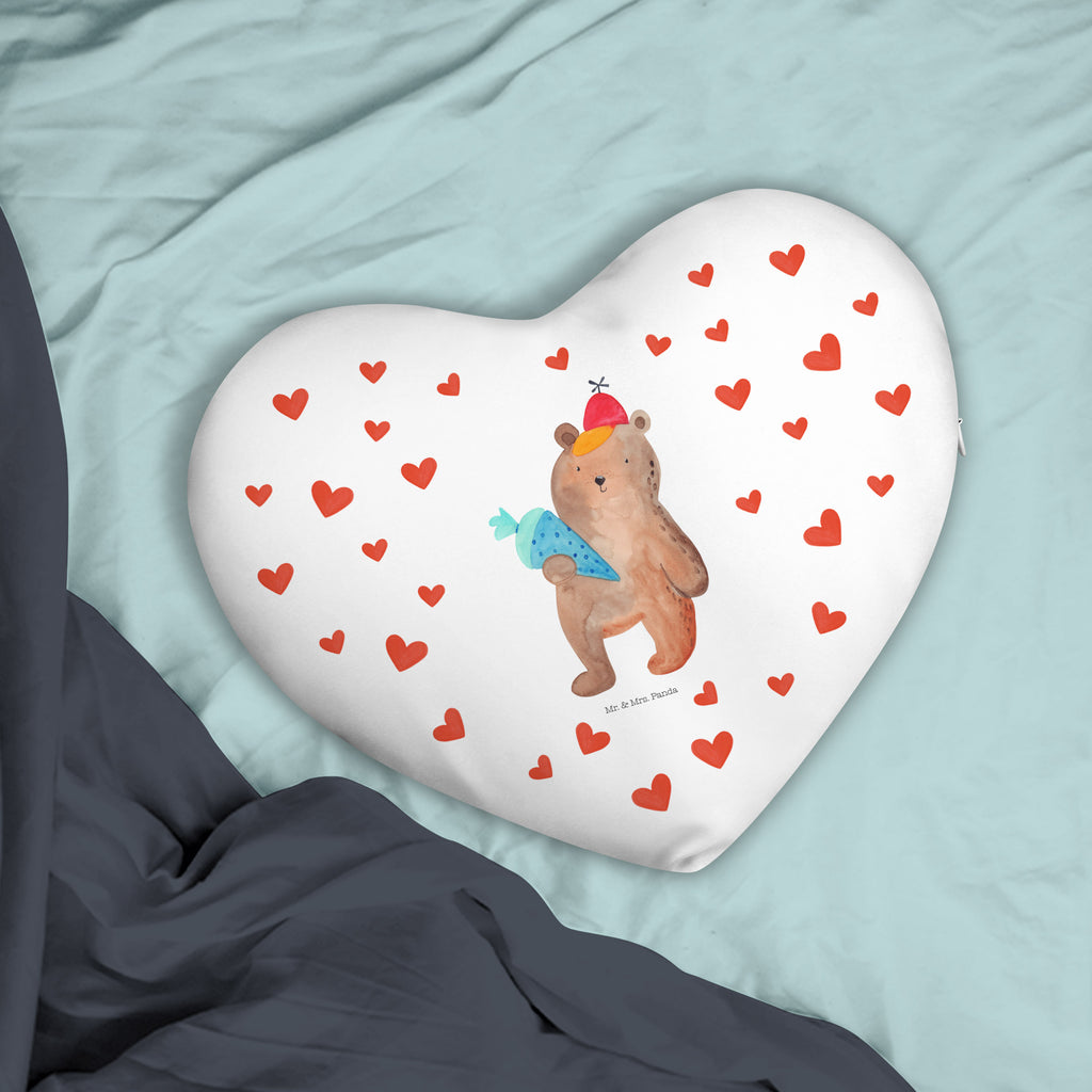 Herzkissen Bär mit Schultüte Kissen, Herzkissen, Herzform, Herz, Dekokissen, Bär, Teddy, Teddybär, Bär Motiv, Schultüte, Erster Schultag Geschenk, Einschulung Geschenk, Schule Geschenk, Grundschule, Schulanfang, Schulbeginn