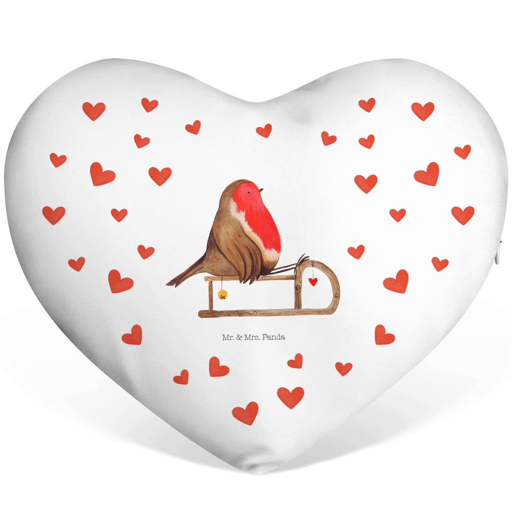 Herzkissen Rotkehlchen Schlitten Kissen, Herzkissen, Herzform, Herz, Dekokissen, Winter, Weihnachten, Weihnachtsdeko, Nikolaus, Advent, Heiligabend, Wintermotiv, Schlitten, Vogel
