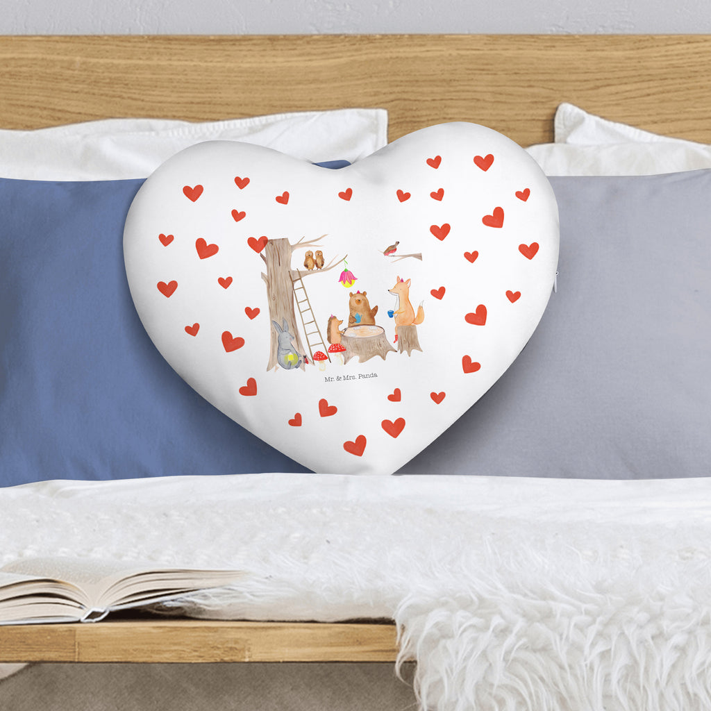 Herzkissen Waldtiere Picknick Kissen, Herzkissen, Herzform, Herz, Dekokissen, Tiermotive, Gute Laune, lustige Sprüche, Tiere, Waldtiere, Picknick, Wald, Fuchs, Hase, Igel, Maus, Eichhörnchen