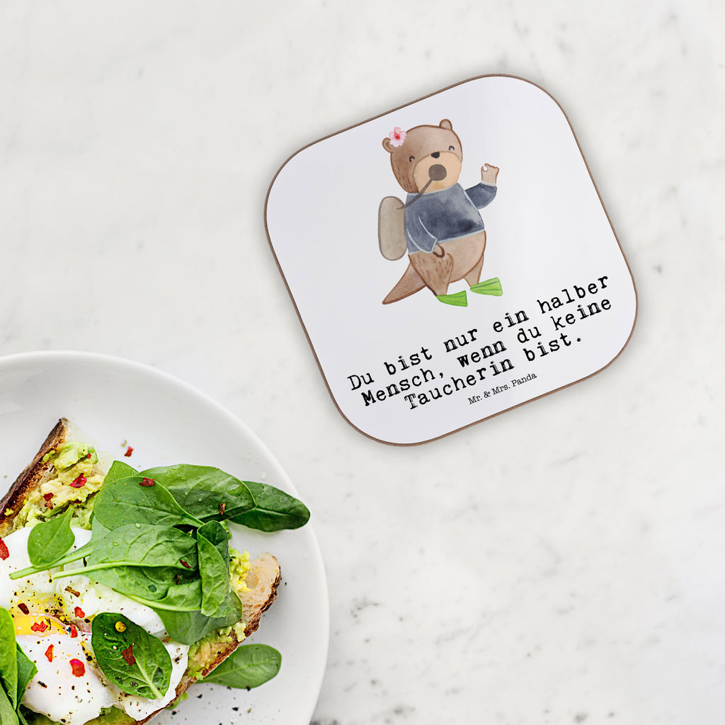 Quadratische Untersetzer Taucherin mit Herz Bierdeckel, Glasuntersetzer, Untersetzer Gläser, Getränkeuntersetzer, Beruf, Ausbildung, Jubiläum, Abschied, Rente, Kollege, Kollegin, Geschenk, Schenken, Arbeitskollege, Mitarbeiter, Firma, Danke, Dankeschön