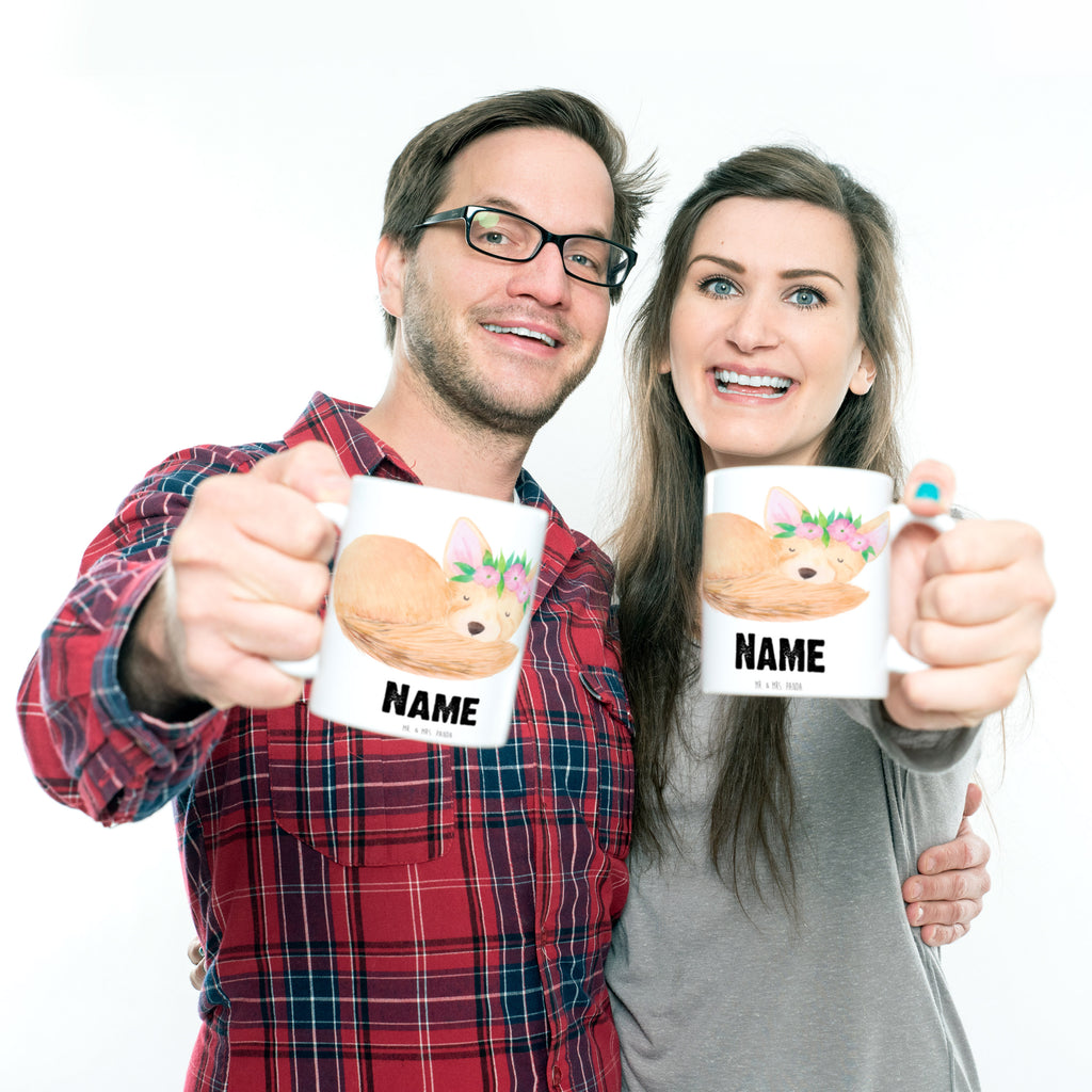 Personalisierte Tasse Wüstenfuchs Blumenkranz Personalisierte Tasse, Namenstasse, Wunschname, Personalisiert, Tasse, Namen, Drucken, Tasse mit Namen, Afrika, Wildtiere, Wüste, Wüstenfuchs, Blumen, Blumenkranz, Glücklich