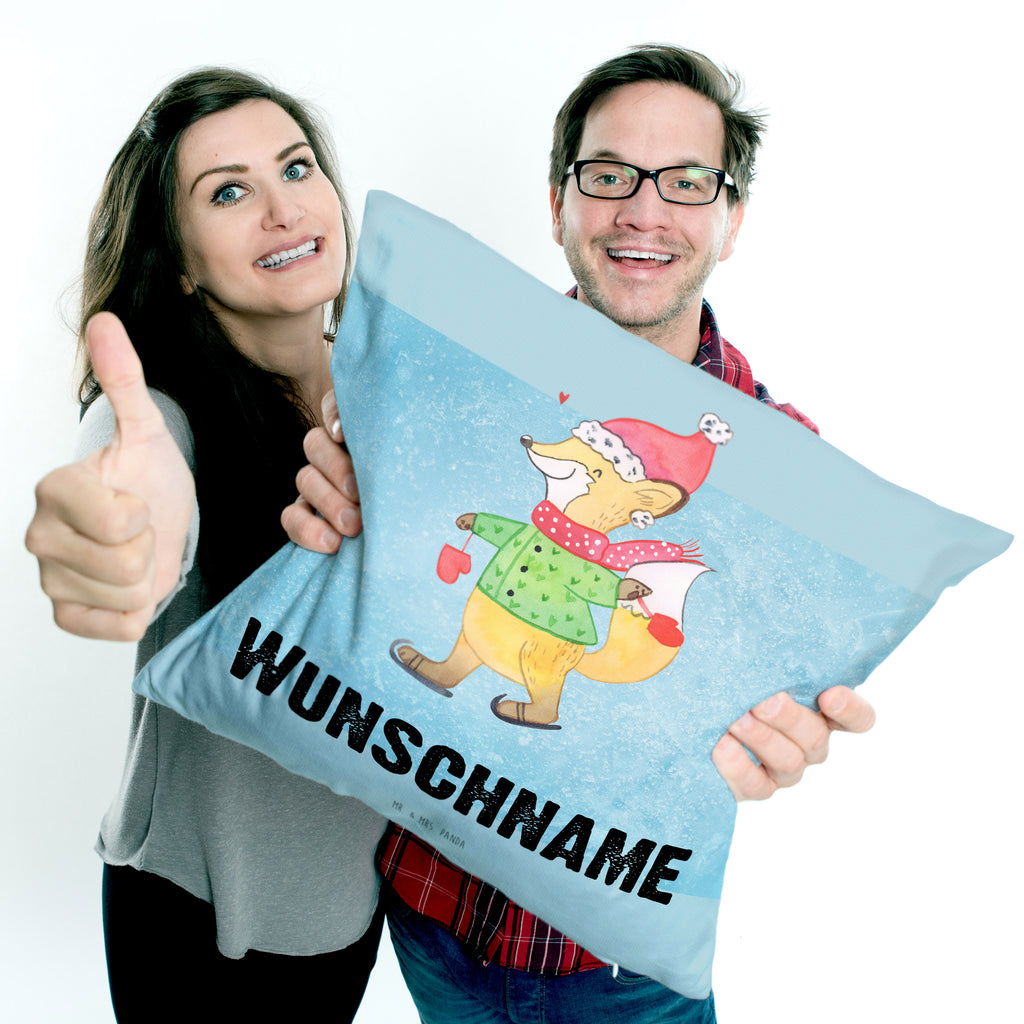 Personalisiertes Kissen Fuchs  Schlittschuhe Kissen, personalisiert, Name, Wunschname, bedrucken, Kopfkissen, Winter, Weihnachten, Weihnachtsdeko, Nikolaus, Advent, Heiligabend, Wintermotiv, Weihnachtsmann, Weihnachtstage, Weihnachtsbaum, Tannenbaum, Weihnachtszeit